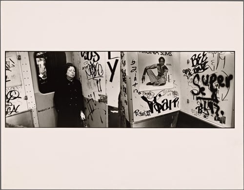 "Woman with Eyes Closed and White Gloves by Emergency Door: Graffiti" The New York Public Library Digital Collections. 1977 - 1979