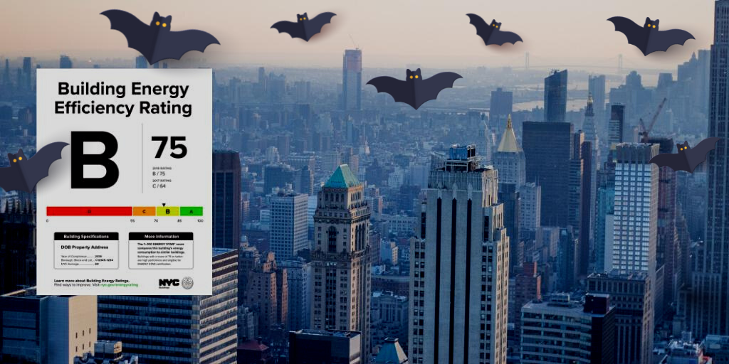 Image of buildings in background with a energy efficiency rating in foreground